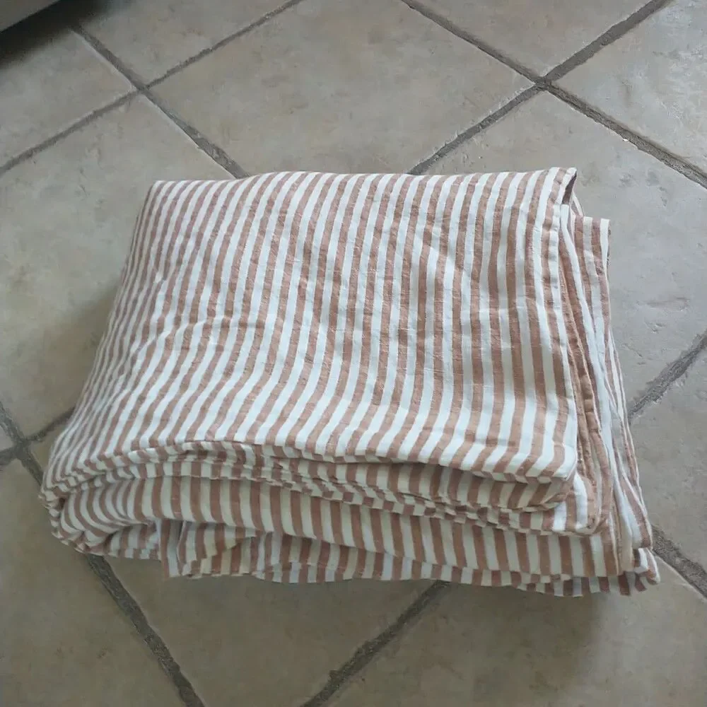 Quince Full Queen Duvet Cover Brown White Stripe 100% Linen European